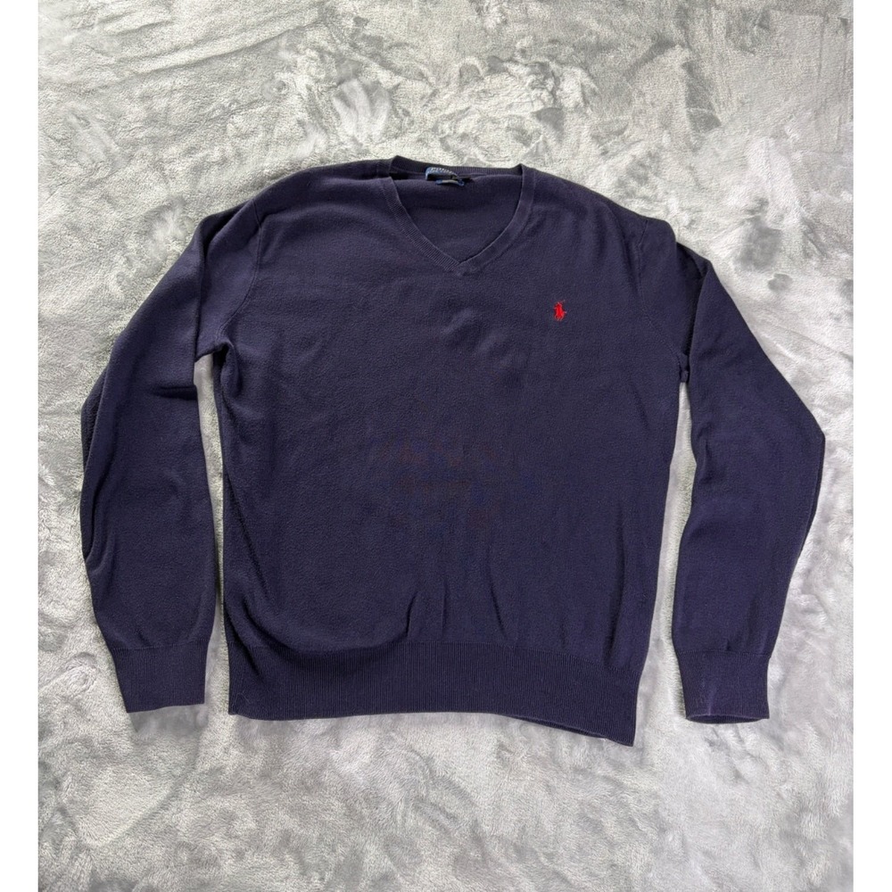 Polo Ralph Lauren Sweater Mens M Blue V-Neck Long Sleeve Embroidered Logo